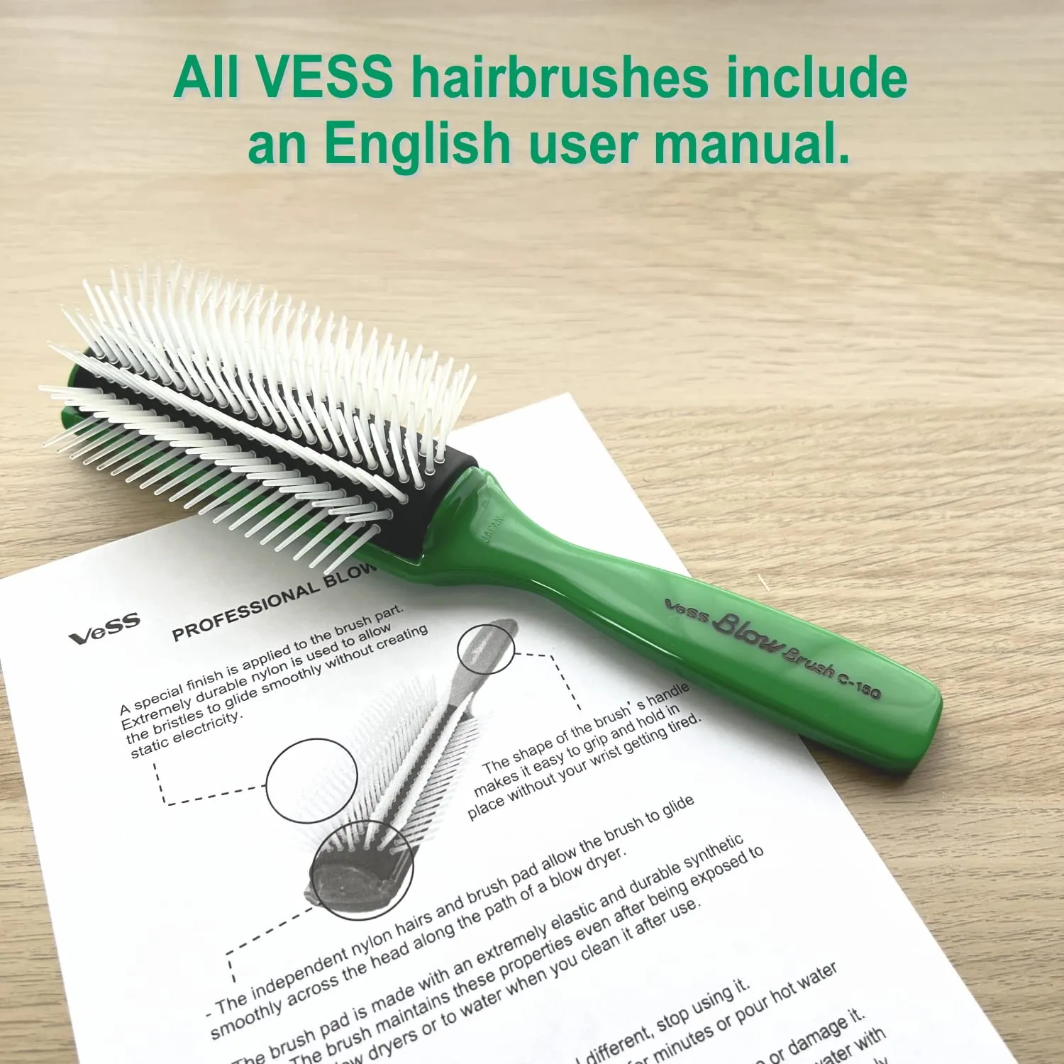 VESS Blow and Styling Hair Brush, Wide 9 Row Round Type- Light weight -Made in Japan-C-150 (Green)