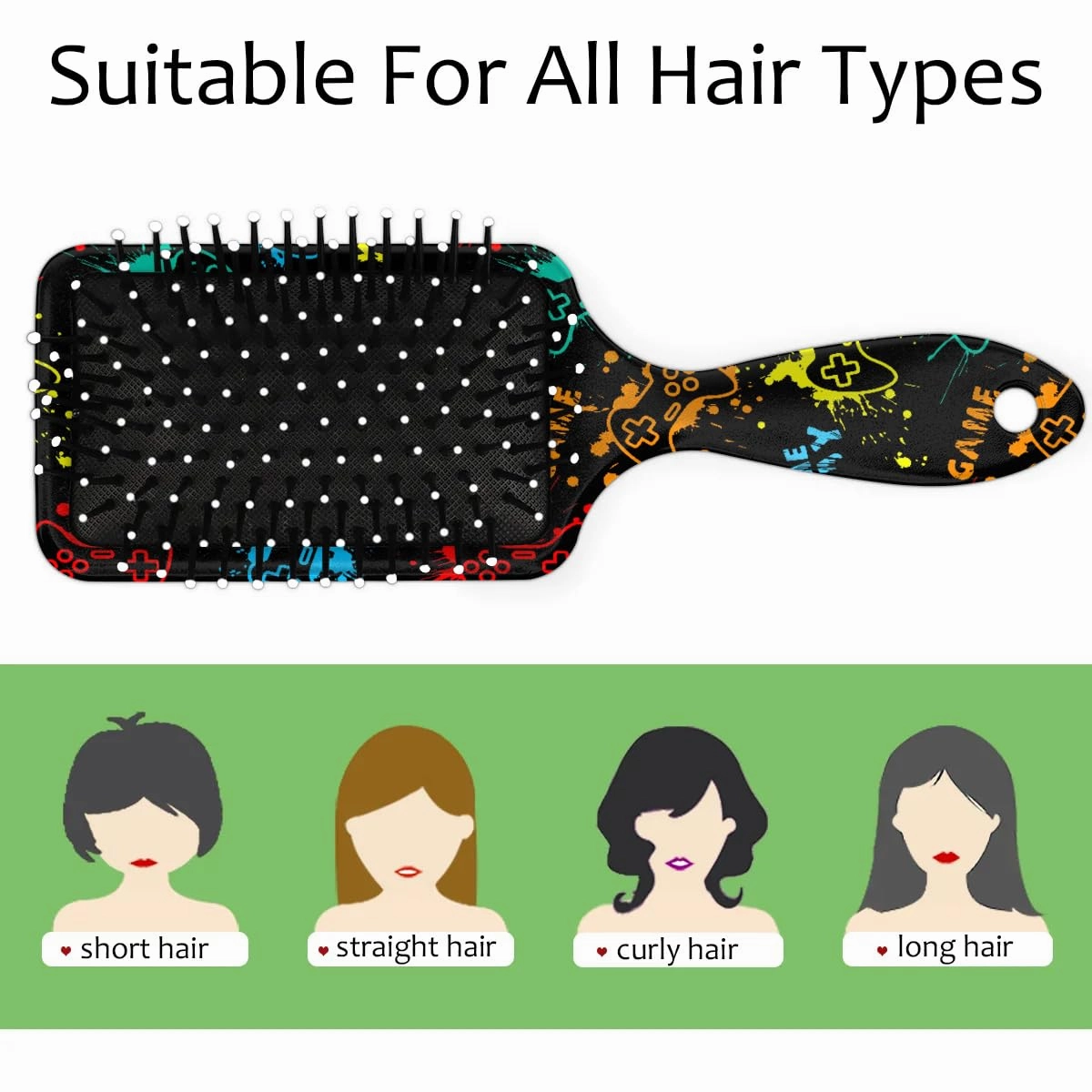 Video Game Hair Brush for Kids Girls Boys, Wet Dry Detangling Hair Brush Soft Bristle Hair Brushes Paddle Hairbrush for All Hair Types Women Men