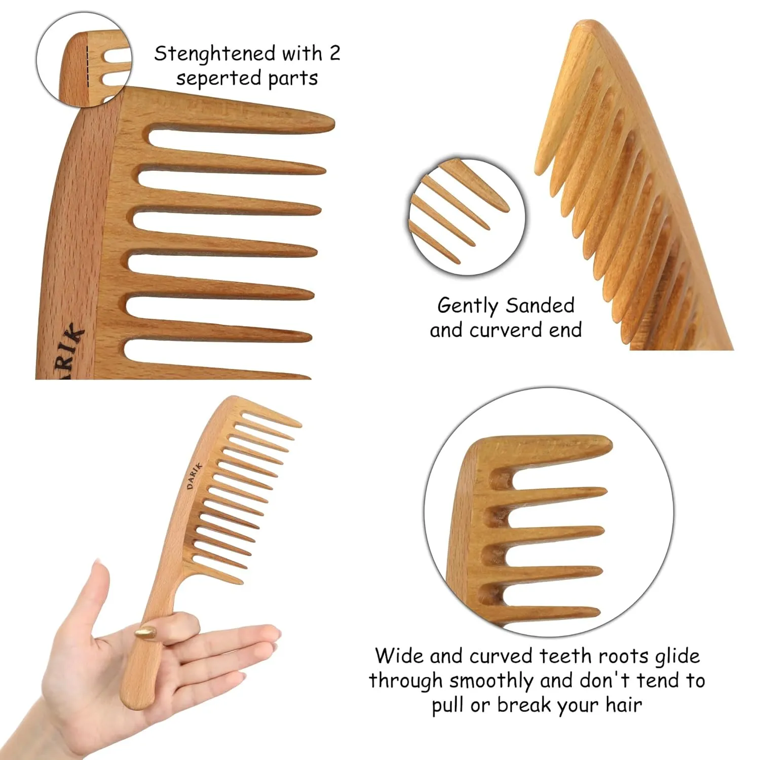 Wide Tooth Wooden Comb | Cepillo Ancho de Madera para Cabello | Natural Hairbrush | Vintage Style Hairbrush | Wood Comb for Gentle Styling | Anti-Static Hair Comb (Wide Tooth)