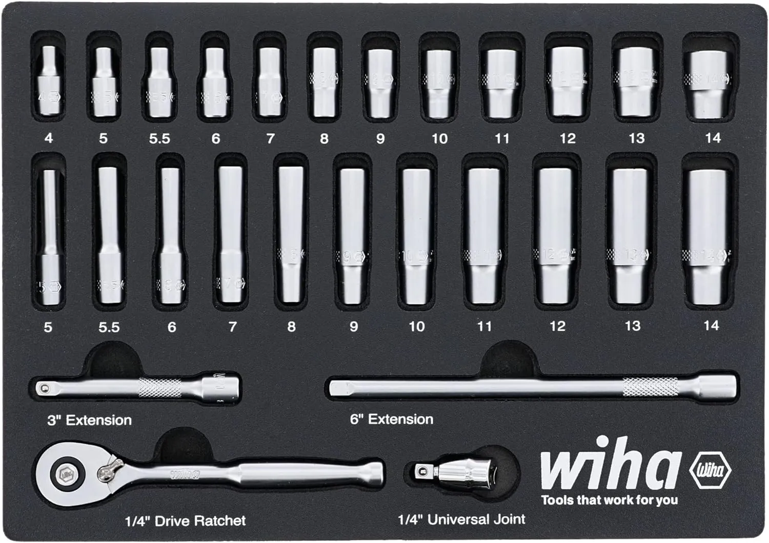 Wiha 33395 27 Piece 1/4" Drive Professional Standard and Deep Socket Tray Set - Metric