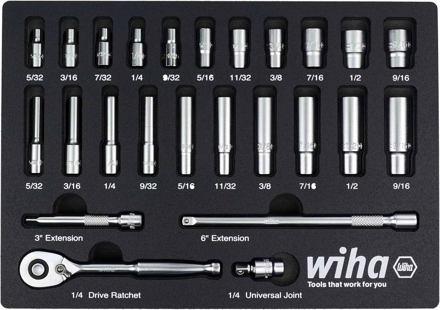 Wiha 33396 25 Piece 1/4" Drive Professional Standard and Deep Socket Tray Set - SAE