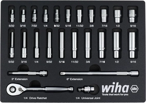 Wiha 33396 25 Piece 1/4" Drive Professional Standard and Deep Socket Tray Set - SAE