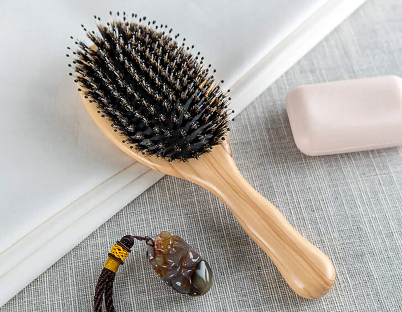 Wild Boar Bristle Hairbrush with Waxed Olive Wood Handle for Styling, Smoothing, Detangling Thick, Thin, Straight, Curly, Wavy, Dry, Damaged Hair to Women, Men, Ladies, Giftbox Included