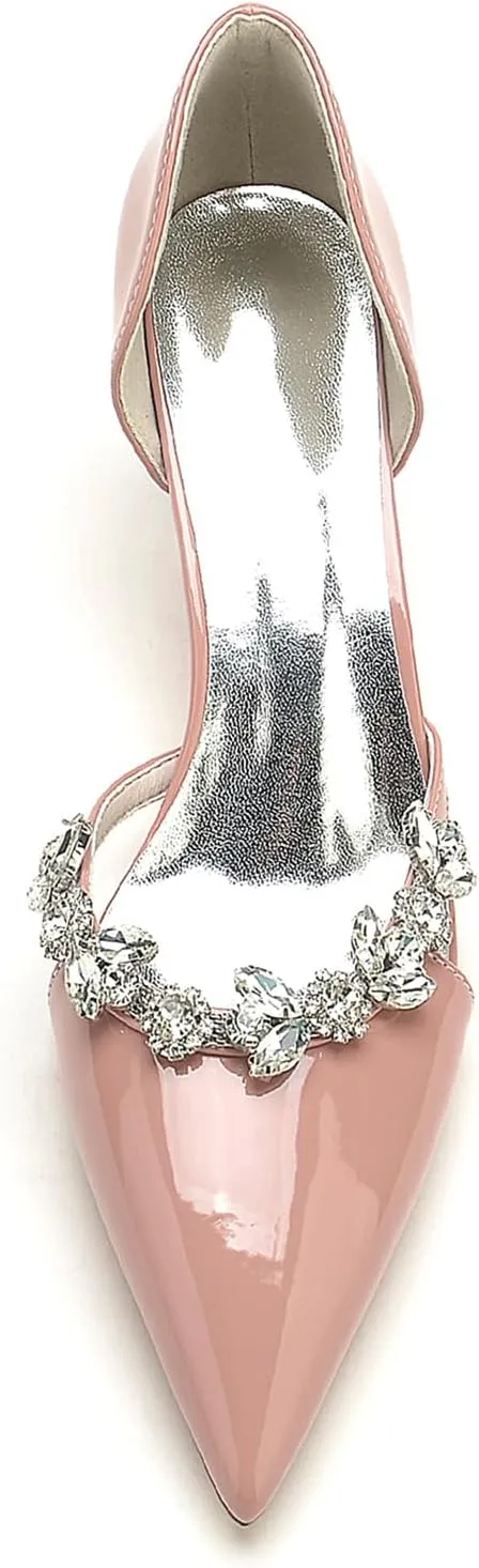 Women Patent Leather Rhinestones Slip on Wedding Pumps Stiletto High Heel Pointed Toe Bridal Party Prom Dress Court Shoes