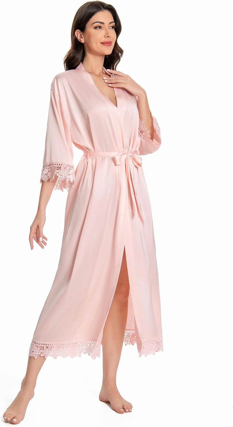 Women's Lace Trim Long Satin Kimono Bridal Robes for Bride and Bridesmaid - Wedding Gifts