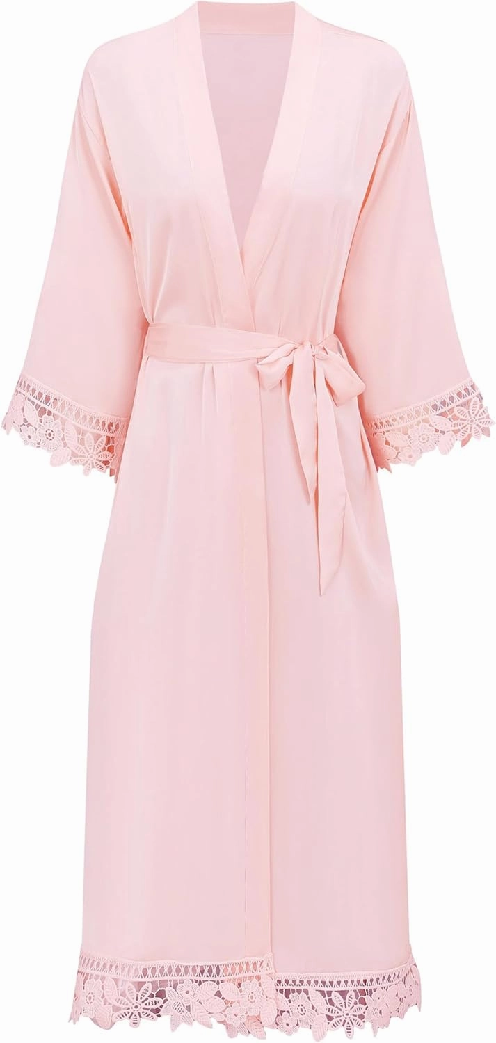 Women's Lace Trim Long Satin Kimono Bridal Robes for Bride and Bridesmaid - Wedding Gifts
