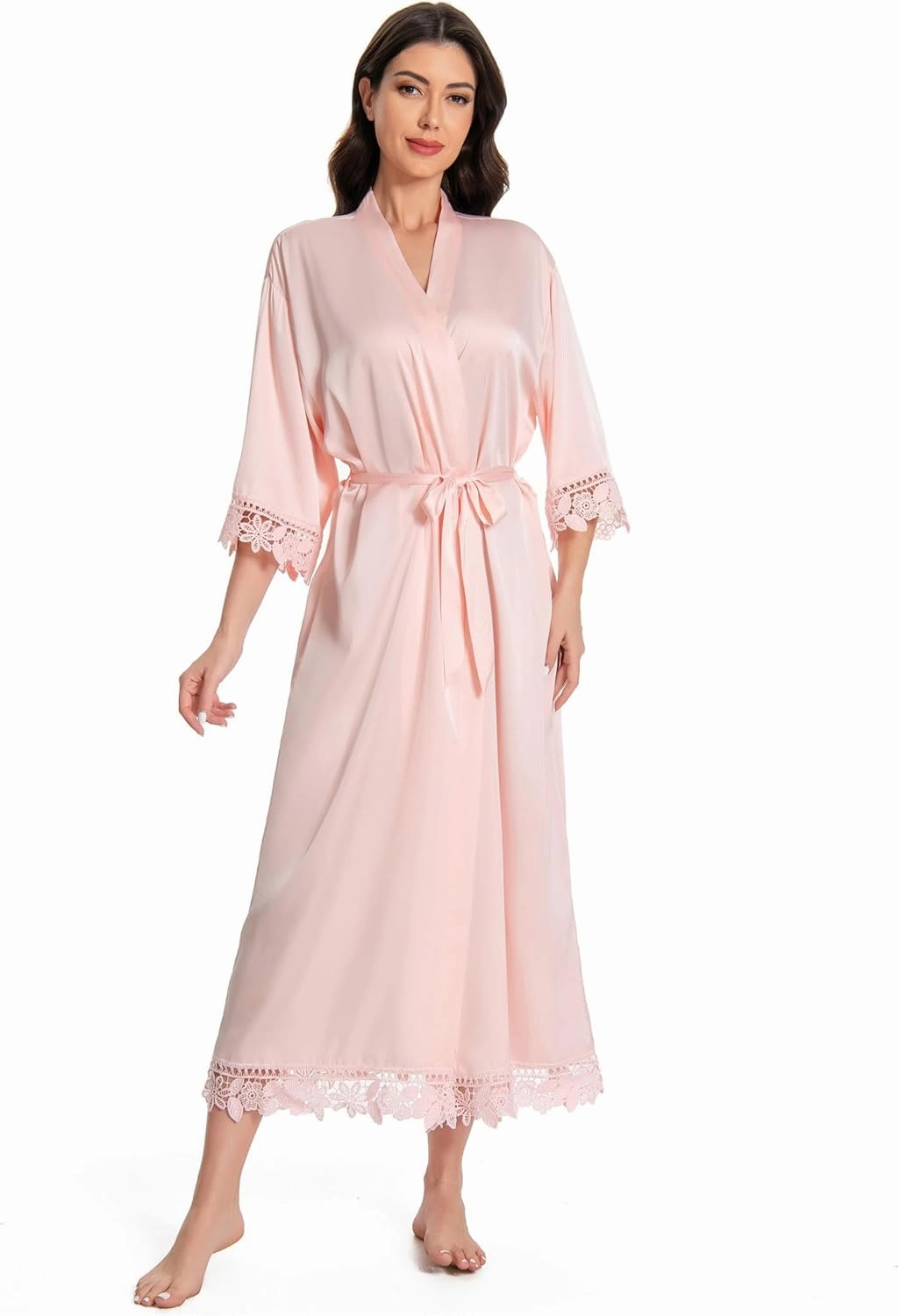 Women's Lace Trim Long Satin Kimono Bridal Robes for Bride and Bridesmaid - Wedding Gifts