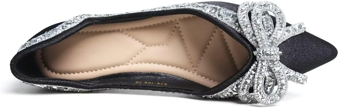 Women's Slip on Flats,Fashion Classic Pointed Toe Solid Pearl Bow Women's Flats, Gentle Shallow Rhinestone Satin Upper Soft Comfortable Flat Shoes