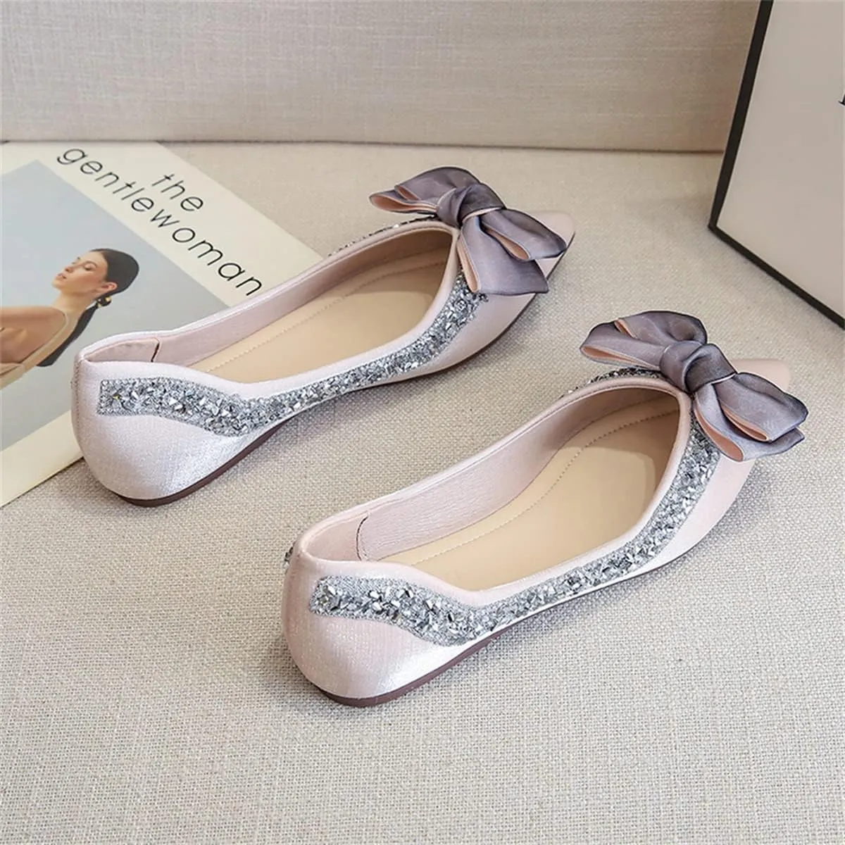 Women's Slip on Flats,Fashion Classic Pointed Toe Solid Pearl Bow Women's Flats, Gentle Shallow Rhinestone Satin Upper Soft Comfortable Flat Shoes