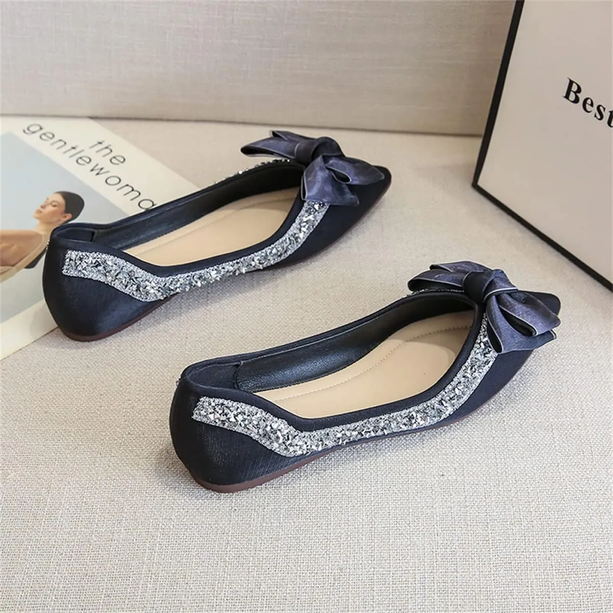 Women's Slip on Flats,Fashion Classic Pointed Toe Solid Pearl Bow Women's Flats, Gentle Shallow Rhinestone Satin Upper Soft Comfortable Flat Shoes