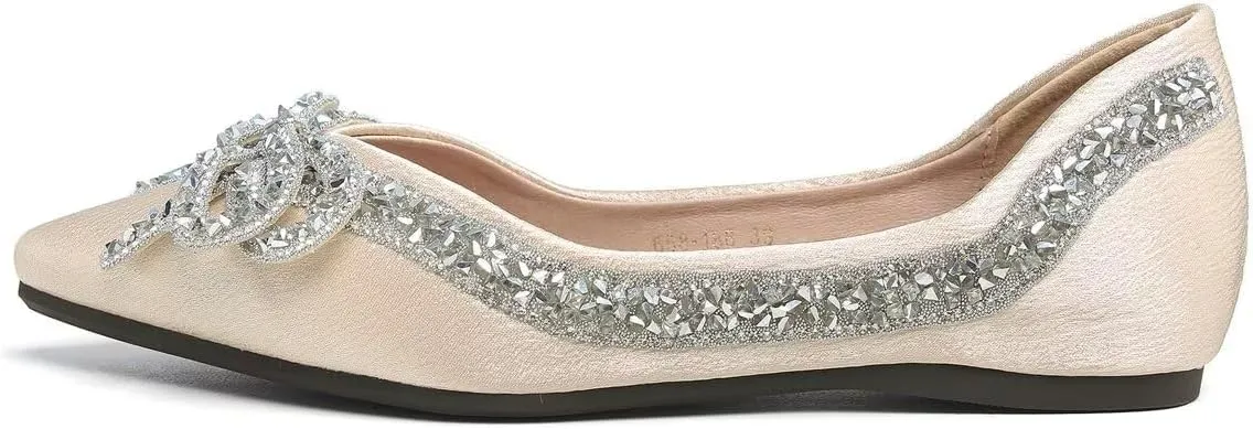 Women's Slip on Flats,Fashion Classic Pointed Toe Solid Pearl Bow Women's Flats, Gentle Shallow Rhinestone Satin Upper Soft Comfortable Flat Shoes