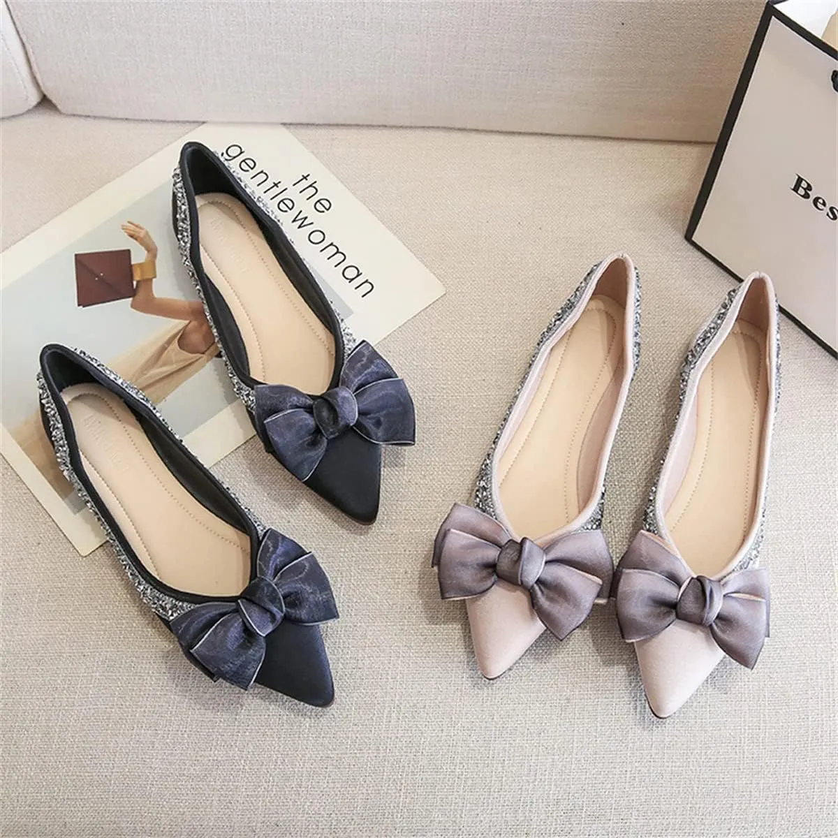 Women's Slip on Flats,Fashion Classic Pointed Toe Solid Pearl Bow Women's Flats, Gentle Shallow Rhinestone Satin Upper Soft Comfortable Flat Shoes