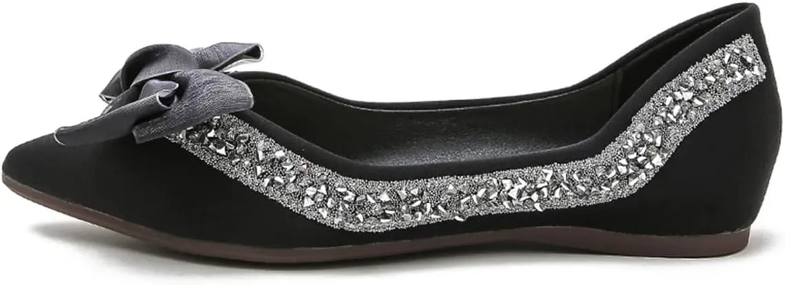 Women's Slip on Flats,Fashion Classic Pointed Toe Solid Pearl Bow Women's Flats, Gentle Shallow Rhinestone Satin Upper Soft Comfortable Flat Shoes