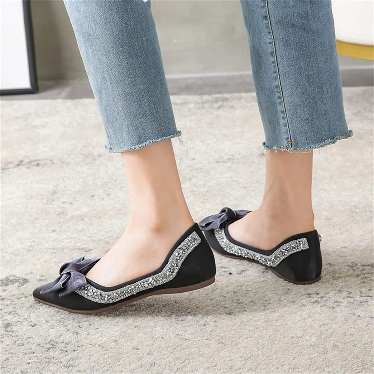Women's Slip on Flats,Fashion Classic Pointed Toe Solid Pearl Bow Women's Flats, Gentle Shallow Rhinestone Satin Upper Soft Comfortable Flat Shoes