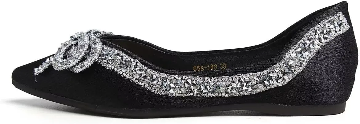 Women's Slip on Flats,Fashion Classic Pointed Toe Solid Pearl Bow Women's Flats, Gentle Shallow Rhinestone Satin Upper Soft Comfortable Flat Shoes
