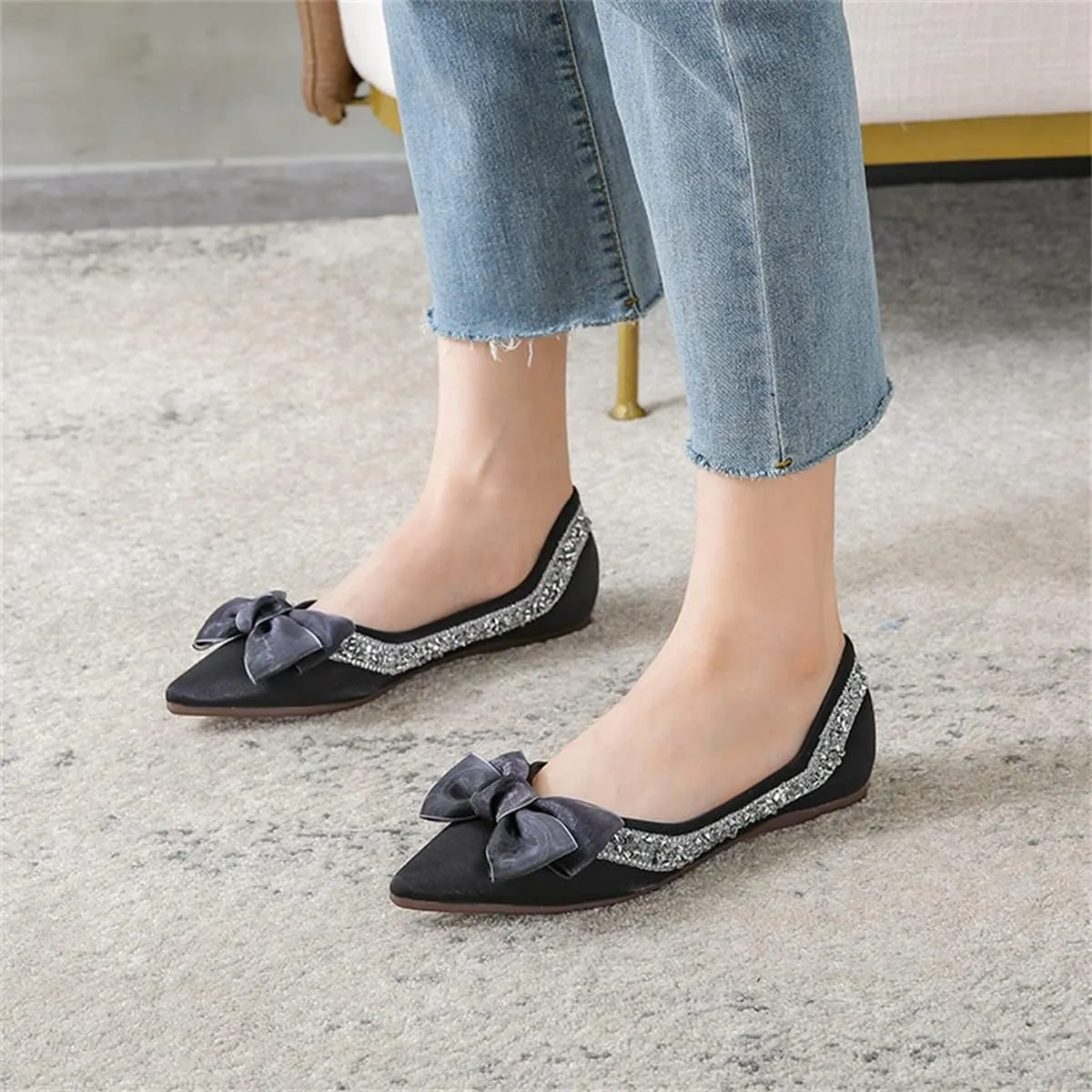 Women's Slip on Flats,Fashion Classic Pointed Toe Solid Pearl Bow Women's Flats, Gentle Shallow Rhinestone Satin Upper Soft Comfortable Flat Shoes