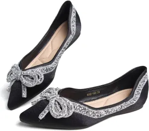 Women's Slip on Flats,Fashion Classic Pointed Toe Solid Pearl Bow Women's Flats, Gentle Shallow Rhinestone Satin Upper Soft Comfortable Flat Shoes