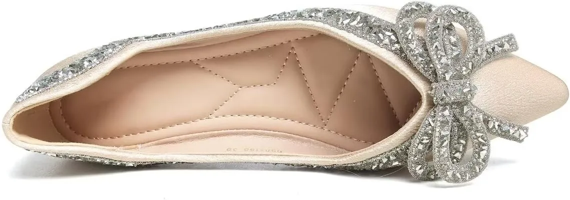 Women's Slip on Flats,Fashion Classic Pointed Toe Solid Pearl Bow Women's Flats, Gentle Shallow Rhinestone Satin Upper Soft Comfortable Flat Shoes