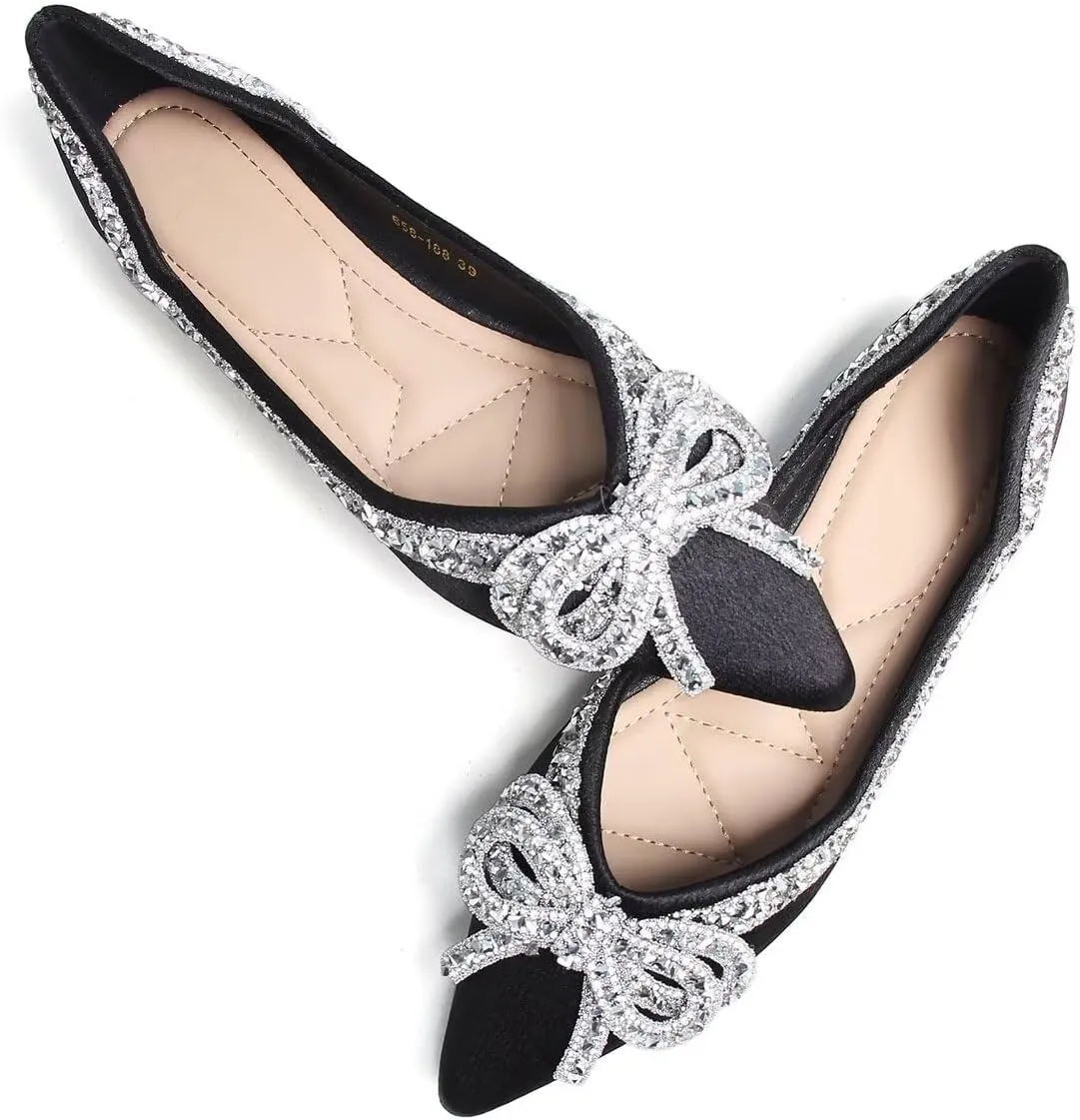 Women's Slip on Flats,Fashion Classic Pointed Toe Solid Pearl Bow Women's Flats, Gentle Shallow Rhinestone Satin Upper Soft Comfortable Flat Shoes