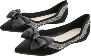 Women's Slip on Flats,Fashion Classic Pointed Toe Solid Pearl Bow Women's Flats, Gentle Shallow Rhinestone Satin Upper Soft Comfortable Flat Shoes