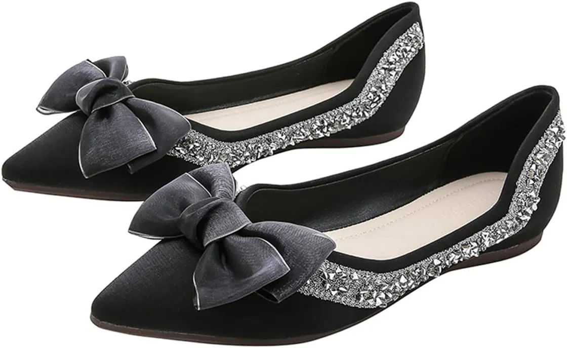 Women's Slip on Flats,Fashion Classic Pointed Toe Solid Pearl Bow Women's Flats, Gentle Shallow Rhinestone Satin Upper Soft Comfortable Flat Shoes