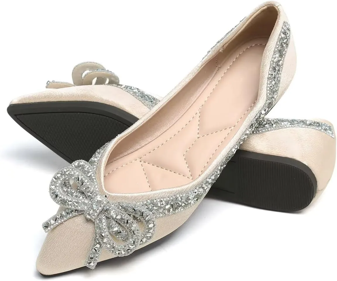Women's Slip on Flats,Fashion Classic Pointed Toe Solid Pearl Bow Women's Flats, Gentle Shallow Rhinestone Satin Upper Soft Comfortable Flat Shoes
