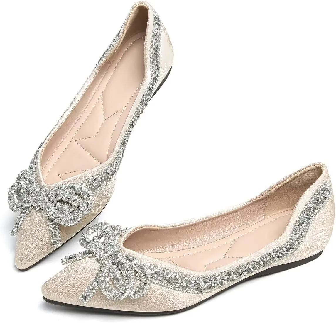 Women's Slip on Flats,Fashion Classic Pointed Toe Solid Pearl Bow Women's Flats, Gentle Shallow Rhinestone Satin Upper Soft Comfortable Flat Shoes