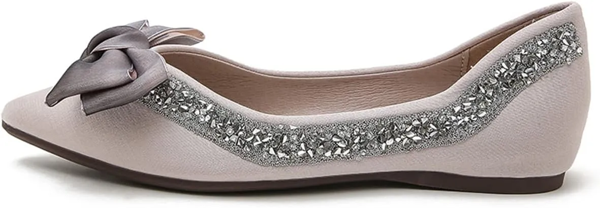 Women's Slip on Flats,Fashion Classic Pointed Toe Solid Pearl Bow Women's Flats, Gentle Shallow Rhinestone Satin Upper Soft Comfortable Flat Shoes