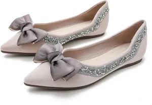Women's Slip on Flats,Fashion Classic Pointed Toe Solid Pearl Bow Women's Flats, Gentle Shallow Rhinestone Satin Upper Soft Comfortable Flat Shoes