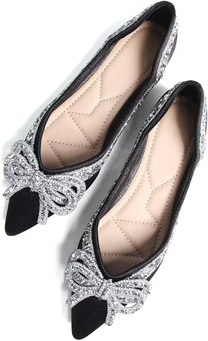 Women's Slip on Flats,Fashion Classic Pointed Toe Solid Pearl Bow Women's Flats, Gentle Shallow Rhinestone Satin Upper Soft Comfortable Flat Shoes