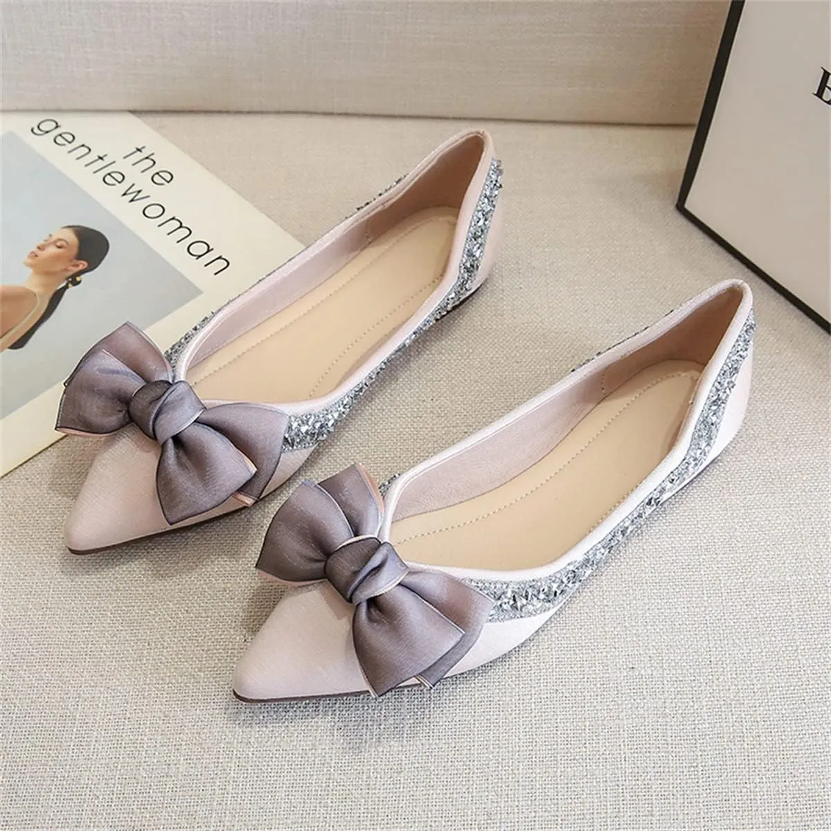 Women's Slip on Flats,Fashion Classic Pointed Toe Solid Pearl Bow Women's Flats, Gentle Shallow Rhinestone Satin Upper Soft Comfortable Flat Shoes