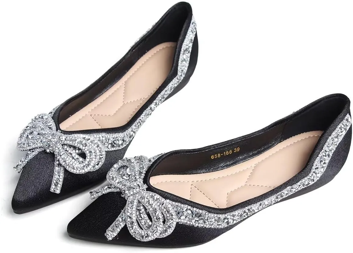 Women's Slip on Flats,Fashion Classic Pointed Toe Solid Pearl Bow Women's Flats, Gentle Shallow Rhinestone Satin Upper Soft Comfortable Flat Shoes