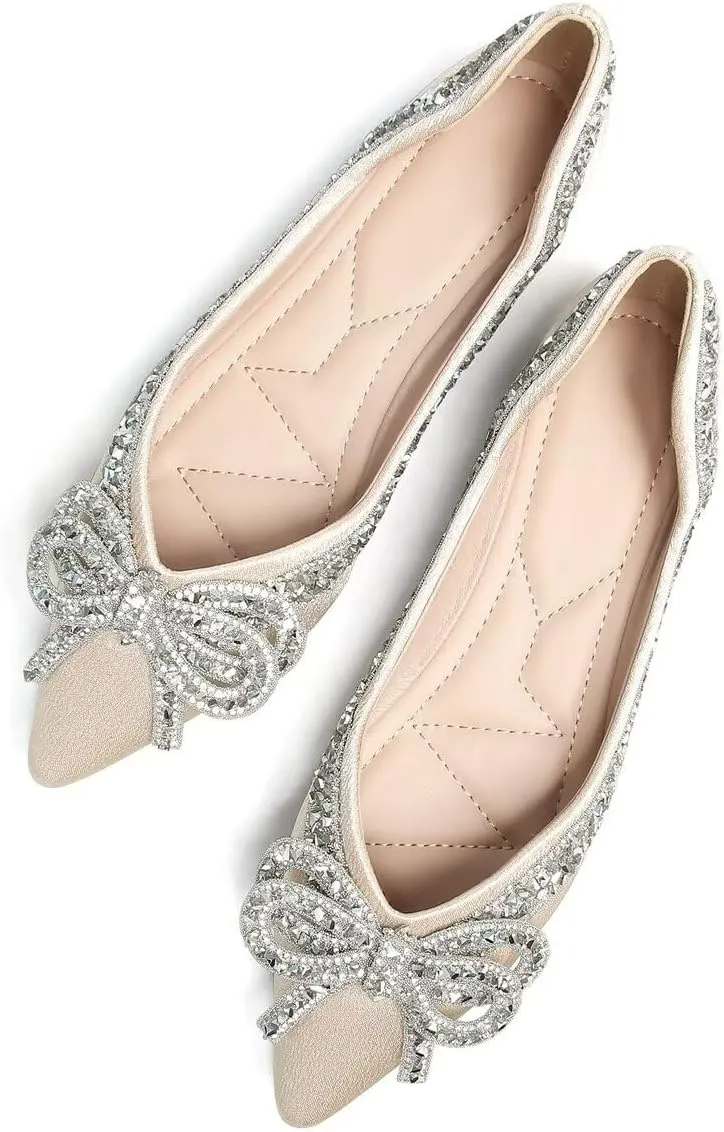 Women's Slip on Flats,Fashion Classic Pointed Toe Solid Pearl Bow Women's Flats, Gentle Shallow Rhinestone Satin Upper Soft Comfortable Flat Shoes