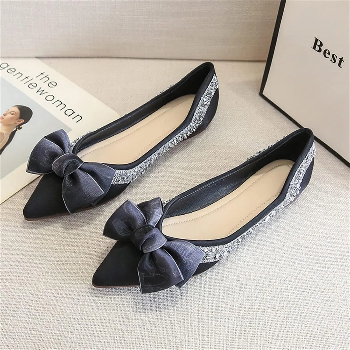 Women's Slip on Flats,Fashion Classic Pointed Toe Solid Pearl Bow Women's Flats, Gentle Shallow Rhinestone Satin Upper Soft Comfortable Flat Shoes