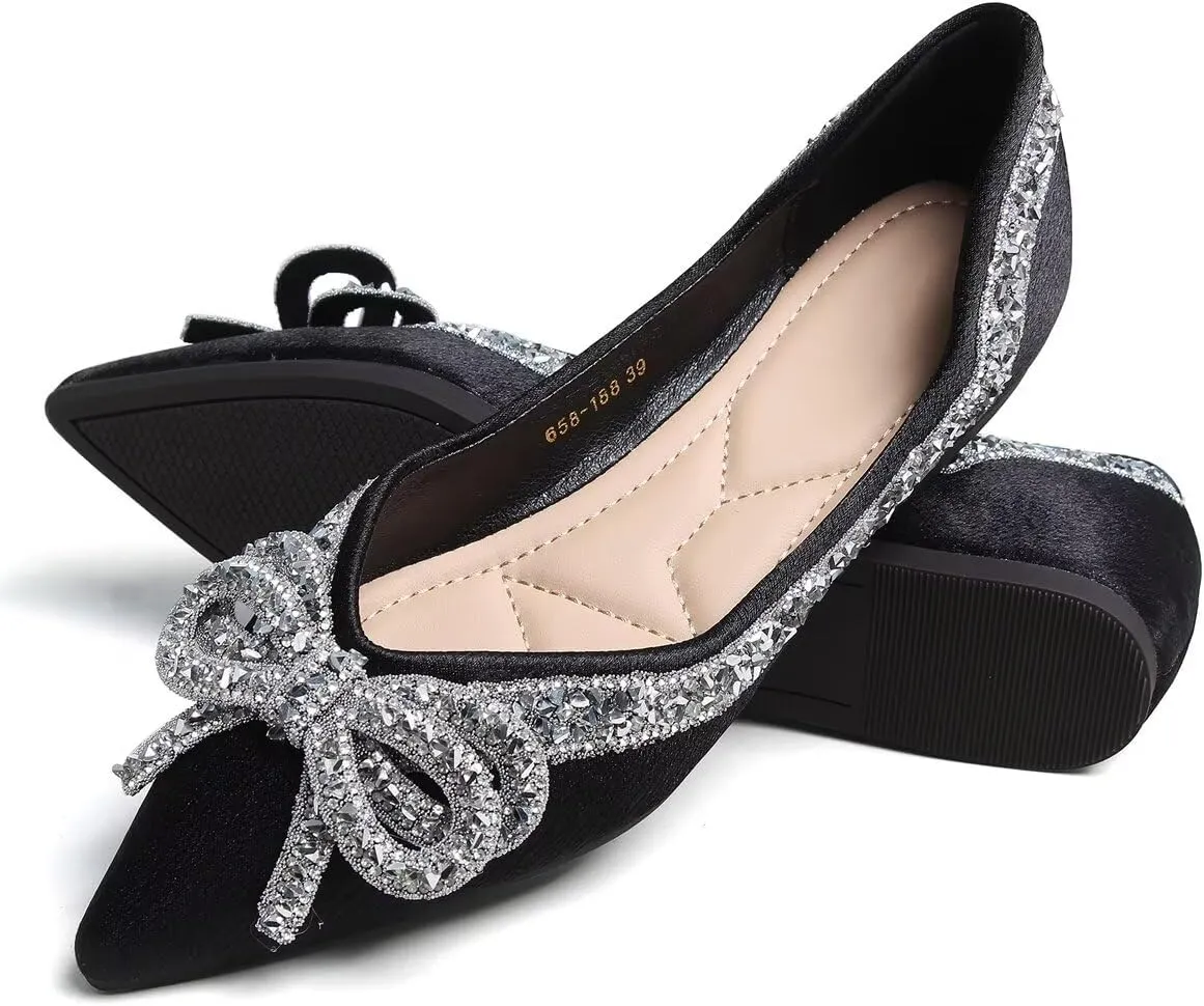 Women's Slip on Flats,Fashion Classic Pointed Toe Solid Pearl Bow Women's Flats, Gentle Shallow Rhinestone Satin Upper Soft Comfortable Flat Shoes