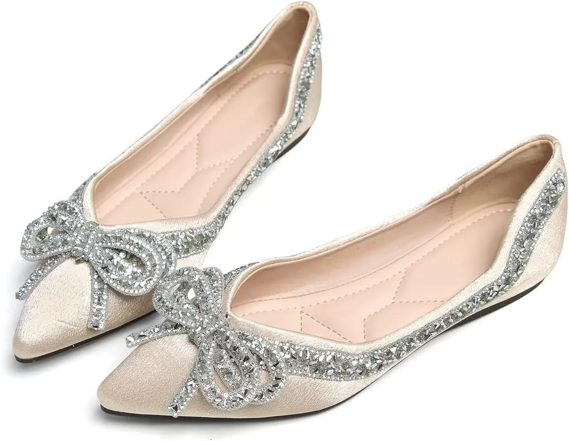 Women's Slip on Flats,Fashion Classic Pointed Toe Solid Pearl Bow Women's Flats, Gentle Shallow Rhinestone Satin Upper Soft Comfortable Flat Shoes