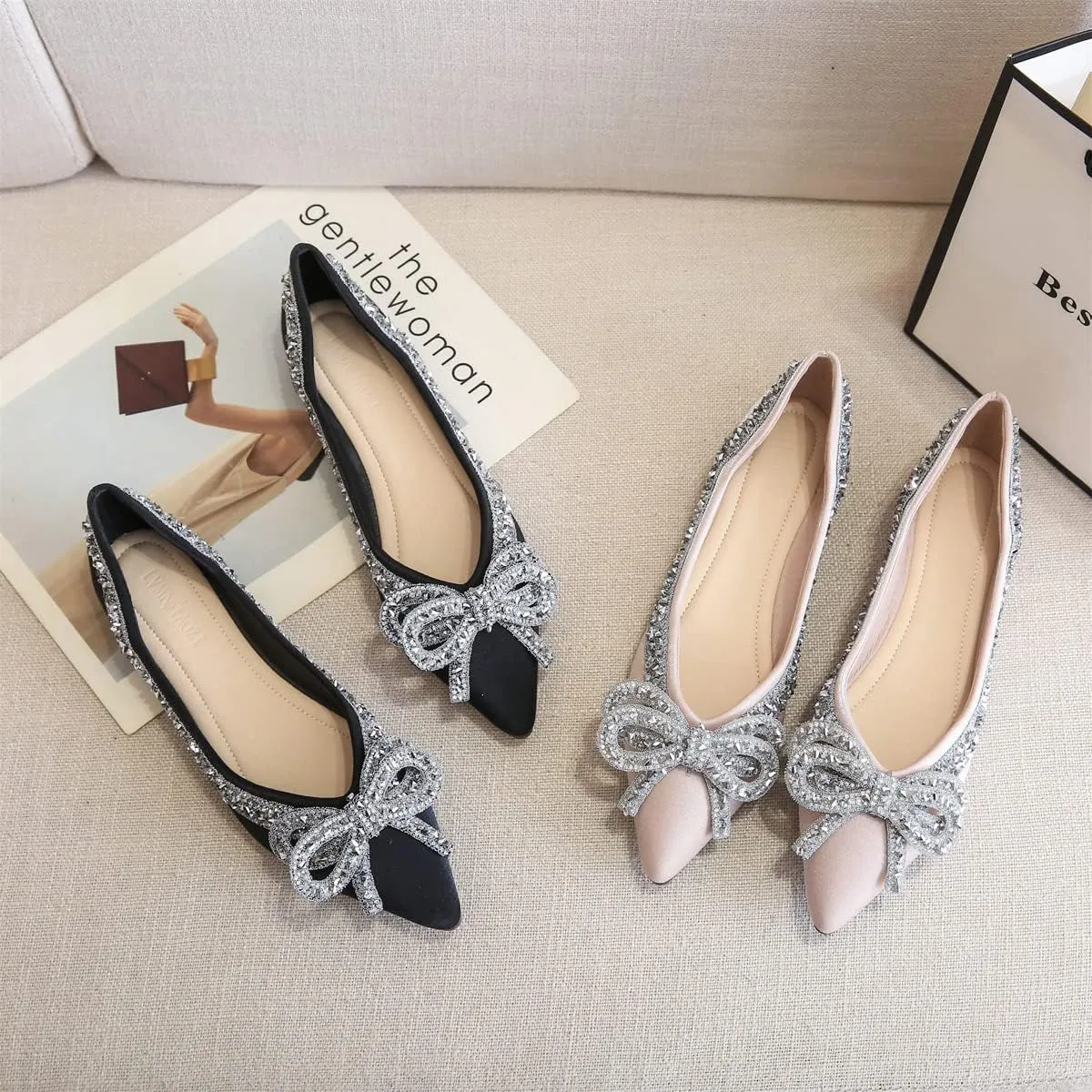 Women's Slip on Flats,Fashion Classic Pointed Toe Solid Pearl Bow Women's Flats, Gentle Shallow Rhinestone Satin Upper Soft Comfortable Flat Shoes
