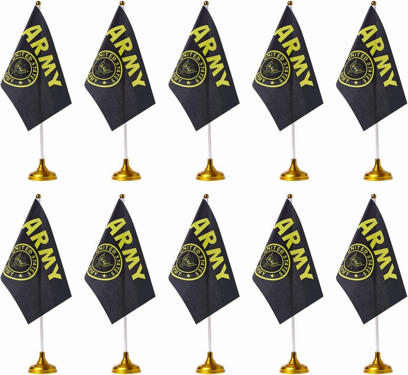 WXTWK 12 Pack American USA Gold Crest Desk Flag Small Mini US Military Table Flags With Stand Base,United States Army Festival Events Celebration Decorations