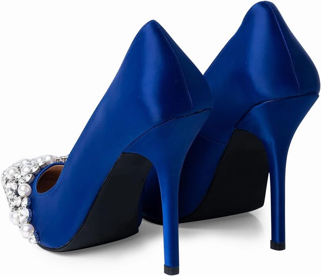 XYD Women's Light Silk Satin Pointed Toe Clear Pearl Rhinestones Studded Slip On Stiletto Heels Pumps Prom Feast Dressy Shoes