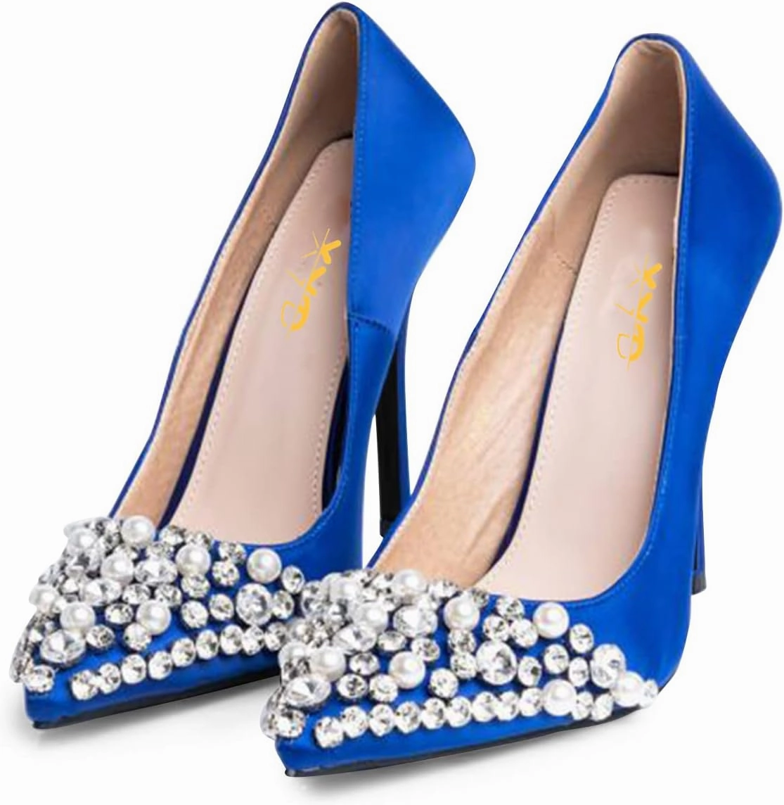 XYD Women's Light Silk Satin Pointed Toe Clear Pearl Rhinestones Studded Slip On Stiletto Heels Pumps Prom Feast Dressy Shoes