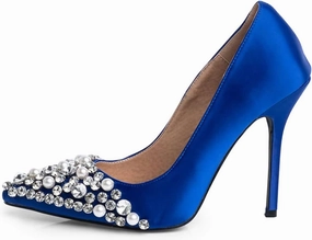 XYD Women's Light Silk Satin Pointed Toe Clear Pearl Rhinestones Studded Slip On Stiletto Heels Pumps Prom Feast Dressy Shoes