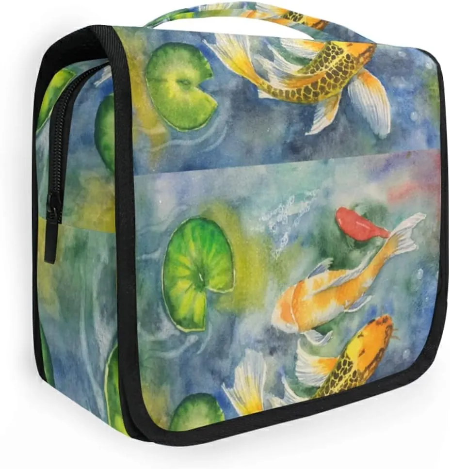 Yellow Gold Three Carp Fishes Swimming and Water Lilies in Pond Hanging Wash Gargle Toiletry Bag Travel Cosmetic Makeup Case Organizer Storage Large Portable