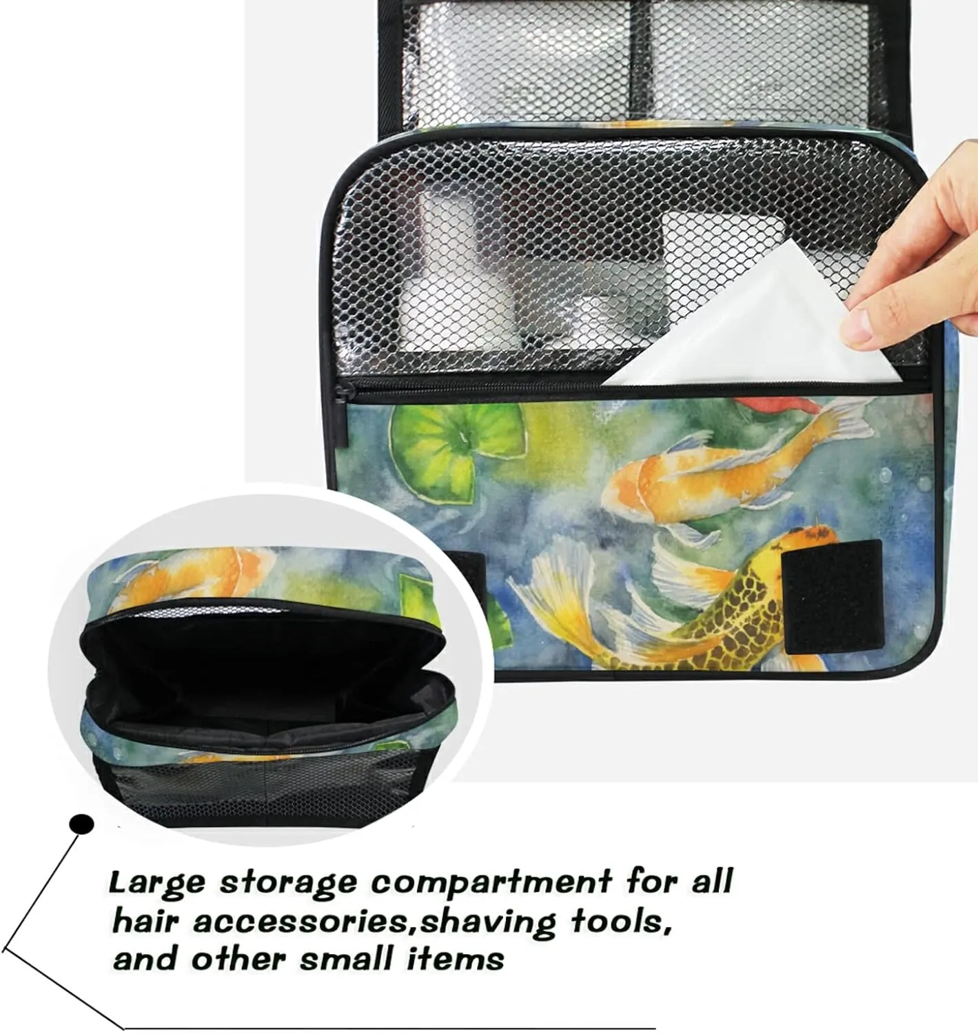 Yellow Gold Three Carp Fishes Swimming and Water Lilies in Pond Hanging Wash Gargle Toiletry Bag Travel Cosmetic Makeup Case Organizer Storage Large Portable