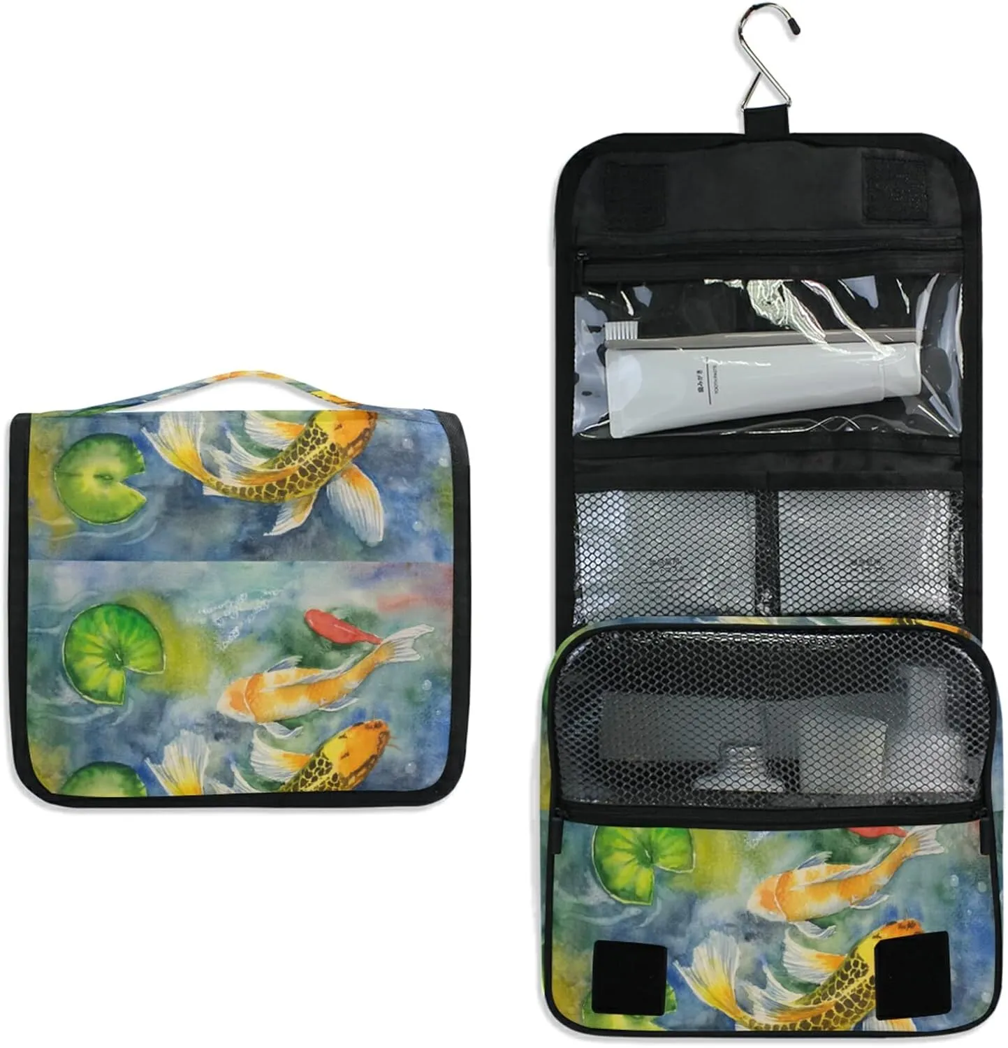Yellow Gold Three Carp Fishes Swimming and Water Lilies in Pond Hanging Wash Gargle Toiletry Bag Travel Cosmetic Makeup Case Organizer Storage Large Portable