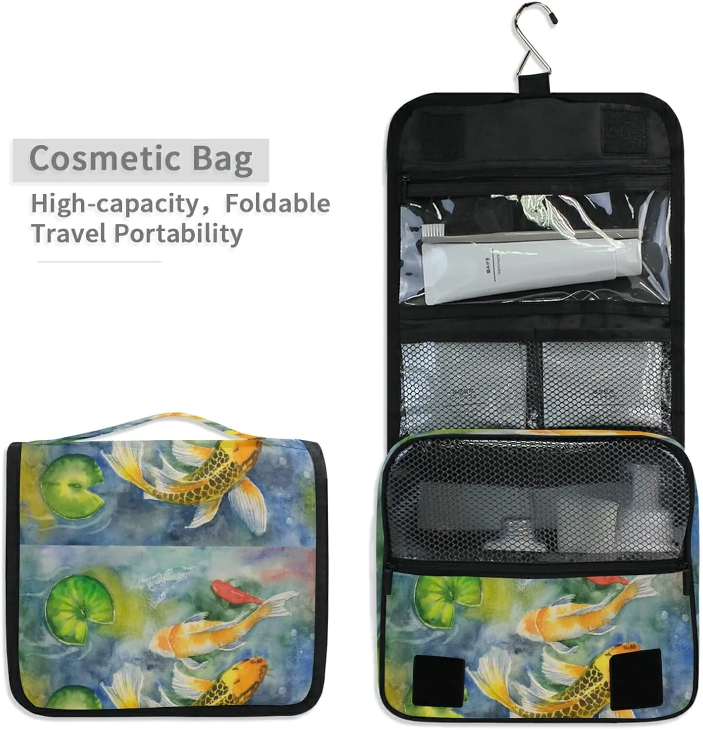 Yellow Gold Three Carp Fishes Swimming and Water Lilies in Pond Hanging Wash Gargle Toiletry Bag Travel Cosmetic Makeup Case Organizer Storage Large Portable