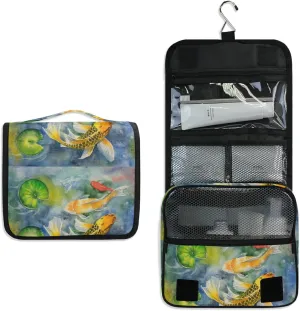 Yellow Gold Three Carp Fishes Swimming and Water Lilies in Pond Hanging Wash Gargle Toiletry Bag Travel Cosmetic Makeup Case Organizer Storage Large Portable