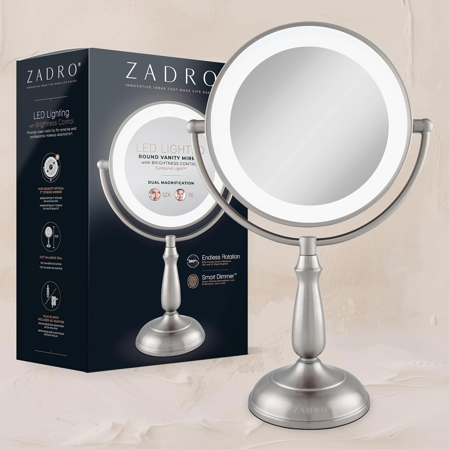 Zadro 11" Makeup Mirror with Lights and Magnification Dimmable Touch LED Lighted Makeup Mirror with Magnification (Large | 11" x 17" | 5X/1X, Satin Nickel)