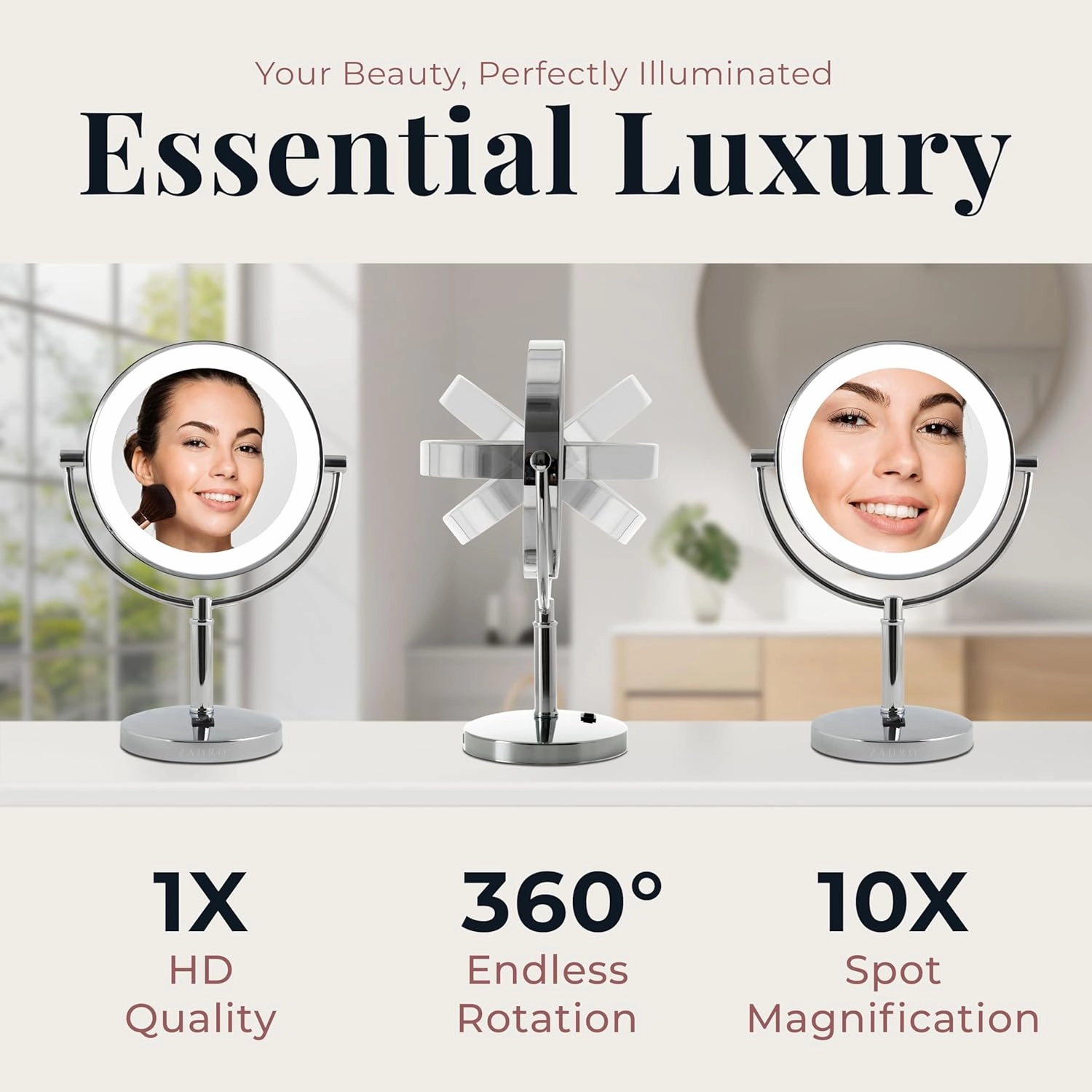 Zadro Laguna 11" LED Lighted Makeup Mirror with Magnification (Large | 15" x 11" | 10X/1X, Satin Nickel)
