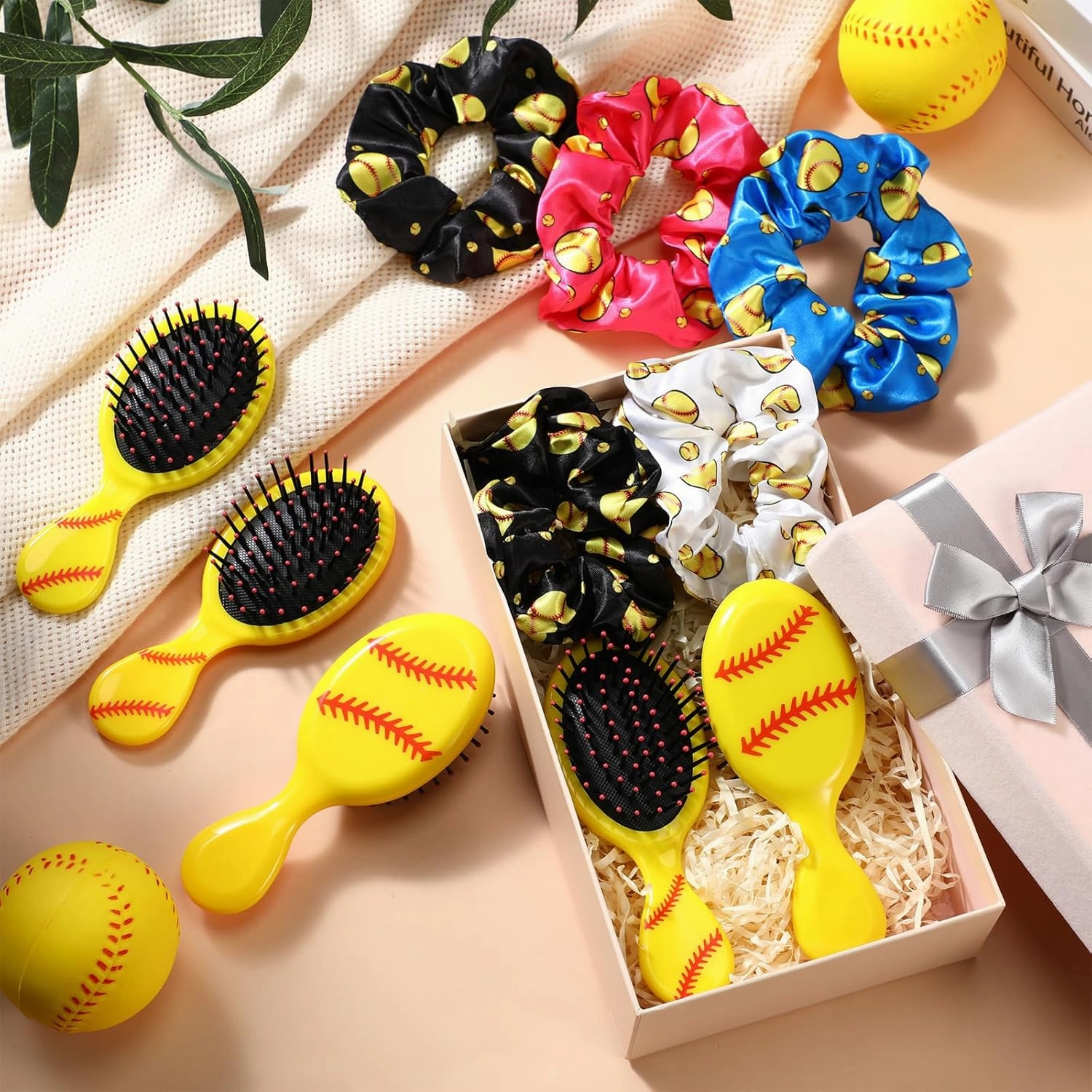 Zeyune 24 Pcs Softball Party Favors Gifts for Girls Includes 12 Softball Hair Scrunchies 12 Mini Detangling Hair Brushes Accessories for Girls Gifts Team Sport Goodie Bag Stuffers