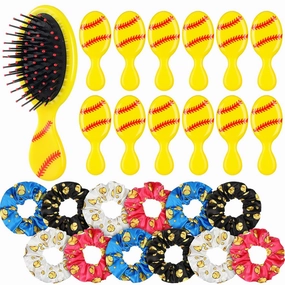 Zeyune 24 Pcs Softball Party Favors Gifts for Girls Includes 12 Softball Hair Scrunchies 12 Mini Detangling Hair Brushes Accessories for Girls Gifts Team Sport Goodie Bag Stuffers